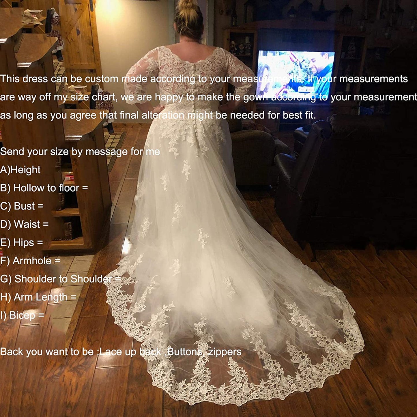 Women's Lace Wedding Dresses for Bride with 3/4 Sleeves Plus Size Bridal Gown