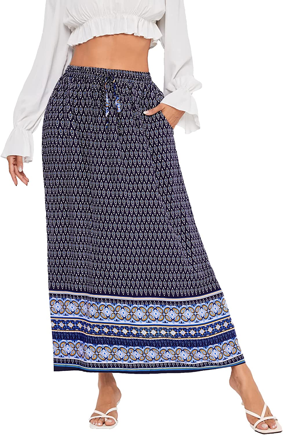 Women's Boho Vintage Print Pockets Side A Line Maxi Skirt