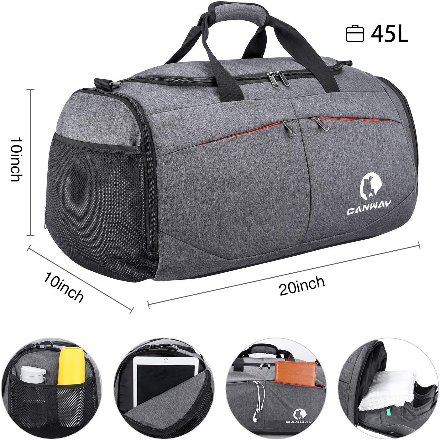 Gym Bag, Travel Duffel bag with Wet Pocket & Shoes Compartment for men women, 45L, Lightweight