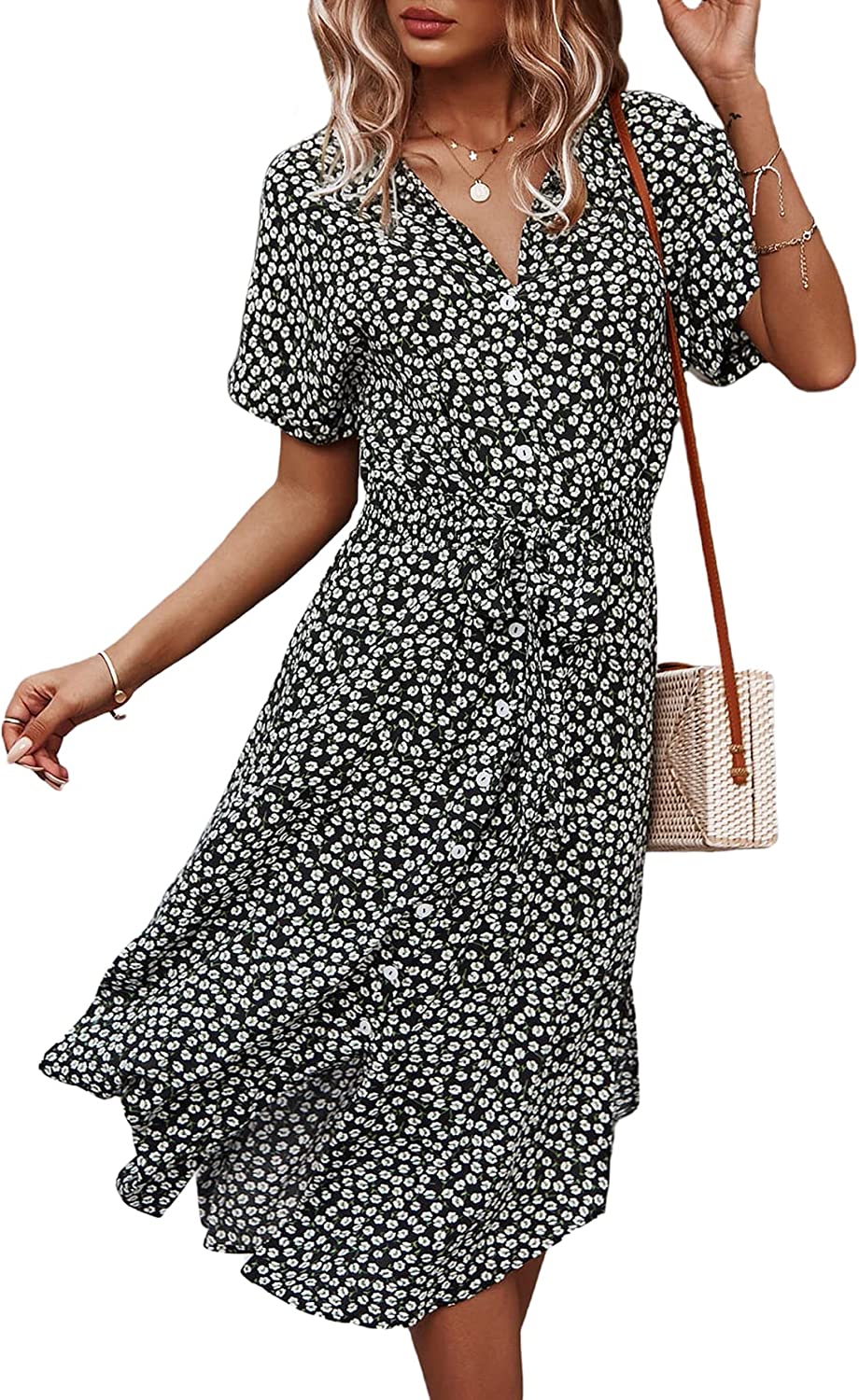 Womens Summer Dress Casual Ditsy Floral Tie Front Button Up Boho Midi Tshirt Dresses