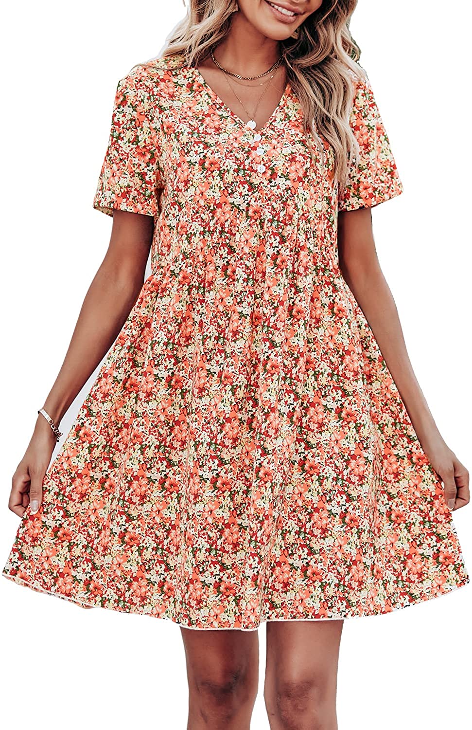 Summer Dress for Women Short Sleeve V Neck Ruffled Floral Swing A-Line Dresses