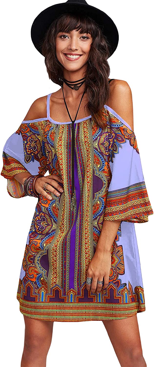 Women's Vintage Print Kimono Sleeve Geometric Tunic Boho Dress
