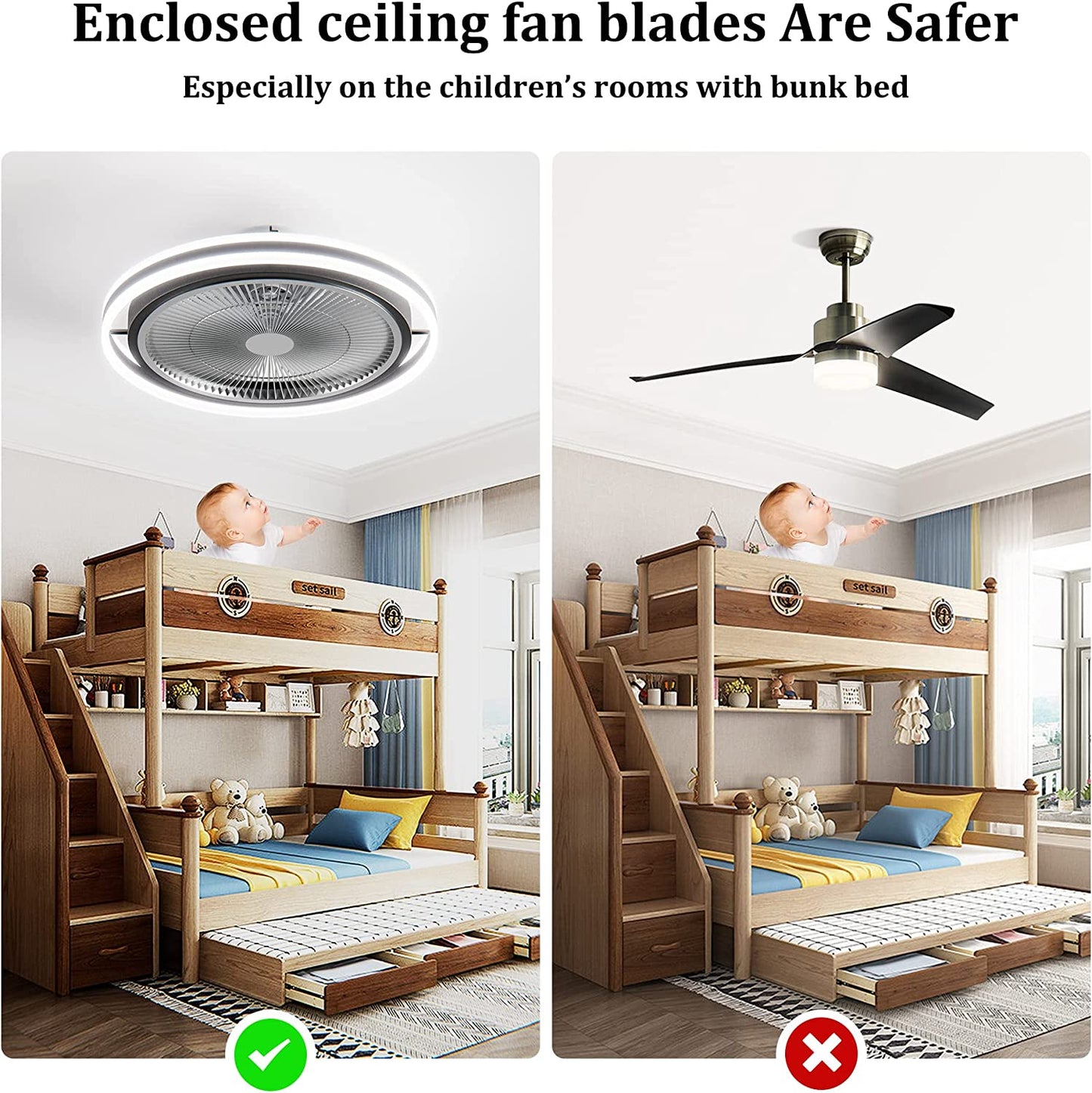 Ceiling Fan with Lights and Remote Control, Modern Enclosed Bladeless Ceiling Fan, Dimmable 3 Color 3 Speeds Timing, Indoor Flush Mount Low Profile Fan for Kids Room Bedroom Living Room