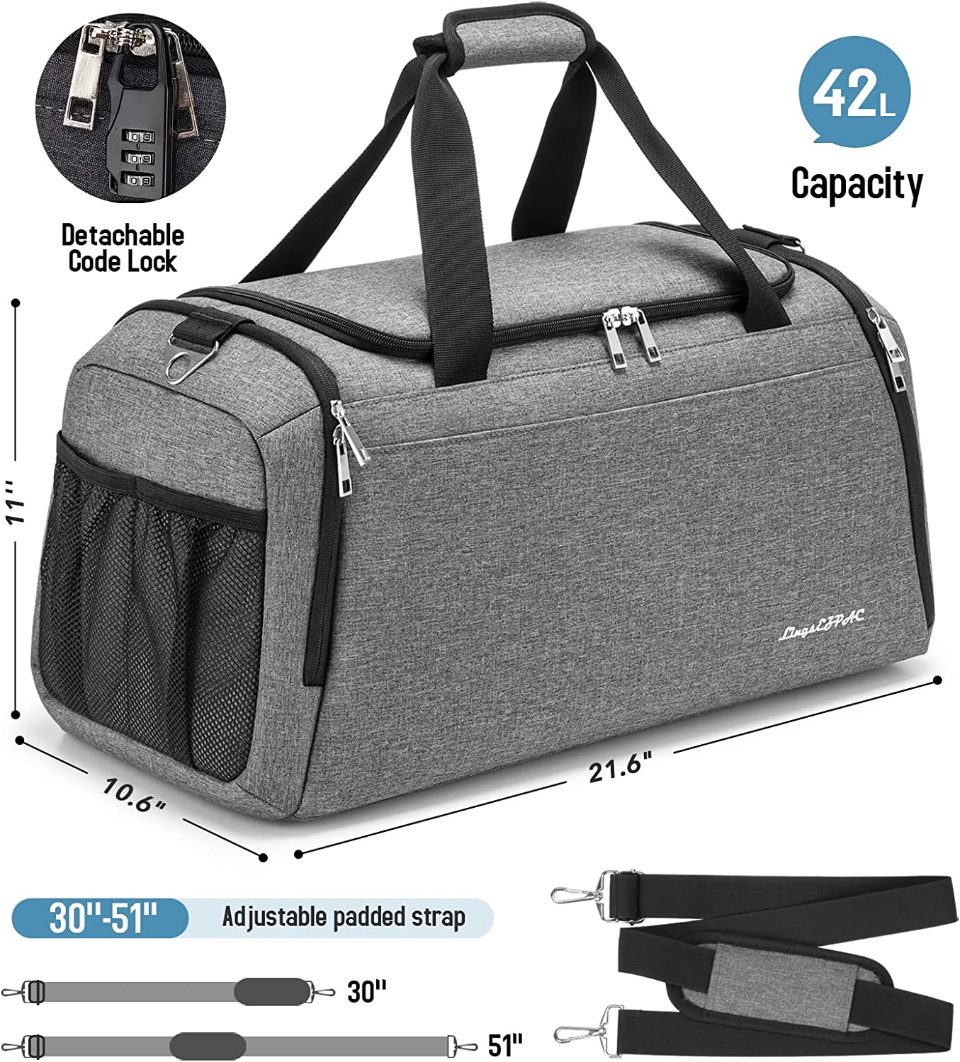 Gym Bag for Women & Men,Travel Duffel Bag for Sports, Gyms and Weekend Getaway, Waterproof Dufflebag with Wet Pocket & Shoes Compartment,Lightweight Carryon Gymbag (Dark gray)