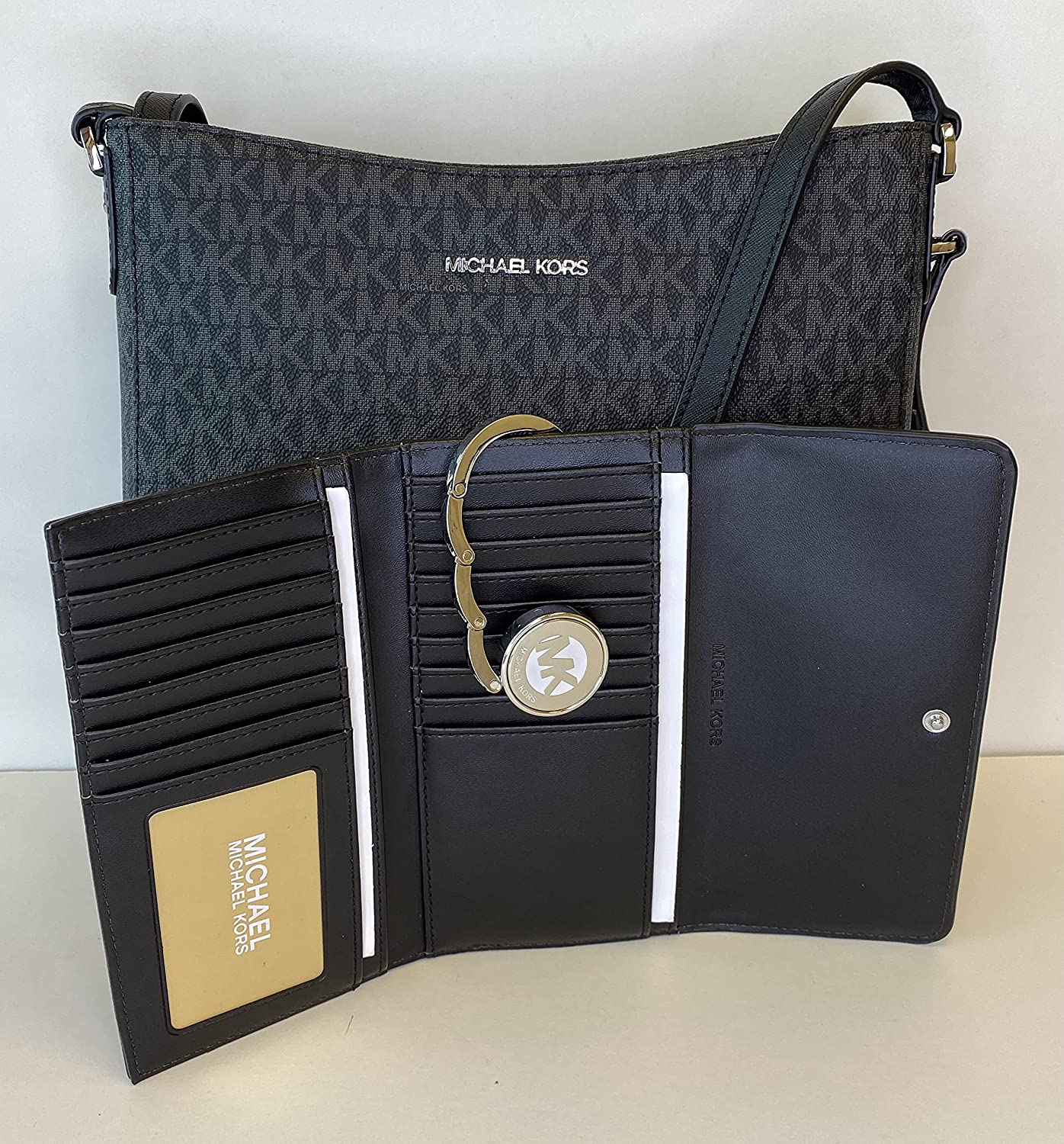Michael Kors Jet Set Travel Large Messenger Crossbody bundle with Trifold Wallet and Michael Kors Purse Hook