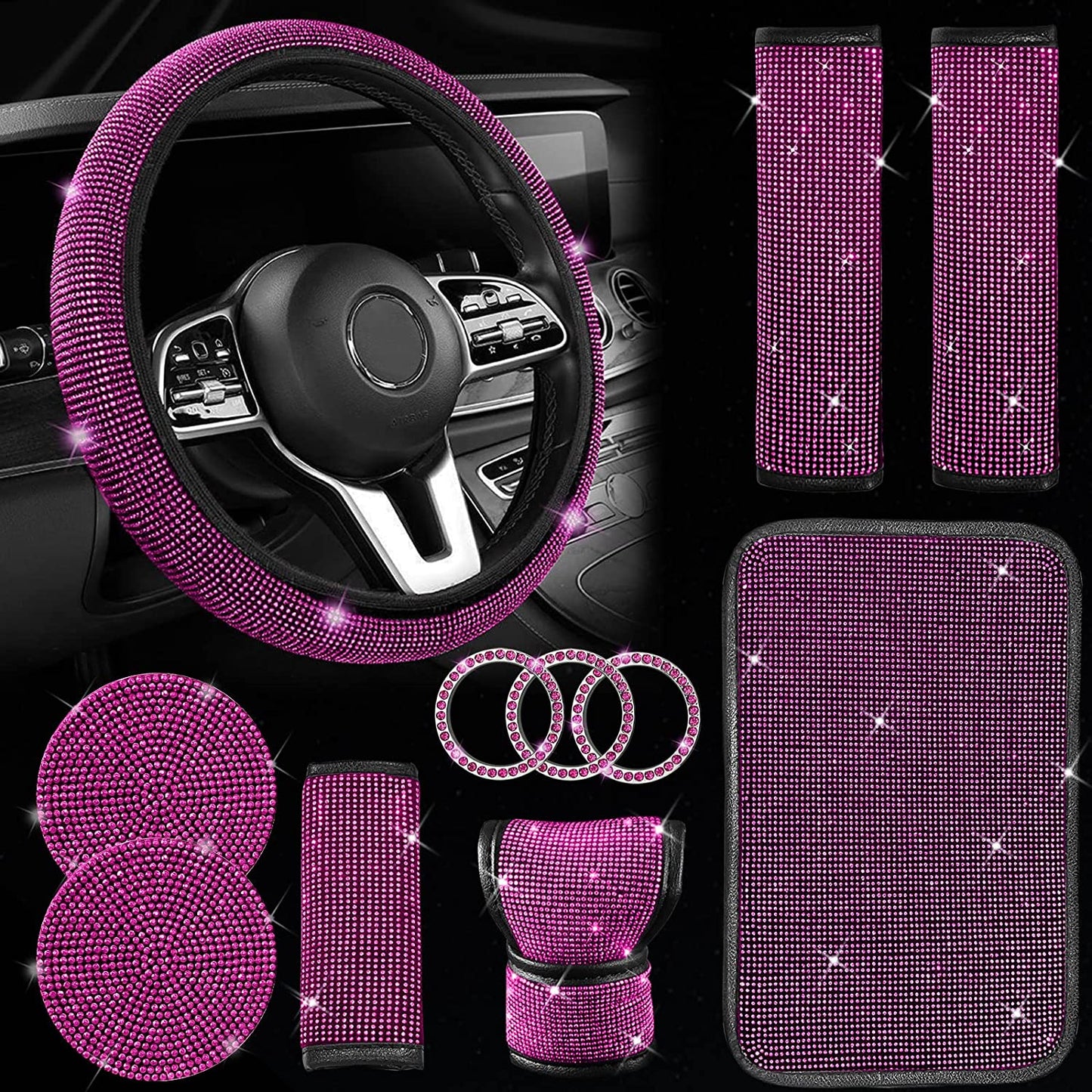 11 Pcs Bling Car Accessories Set,Bling Car Accessories Set for Women, Bling Steering Wheel Cover for Women Universal Fit 15 Inch, Rhinestone Center Console Cover (Pink)