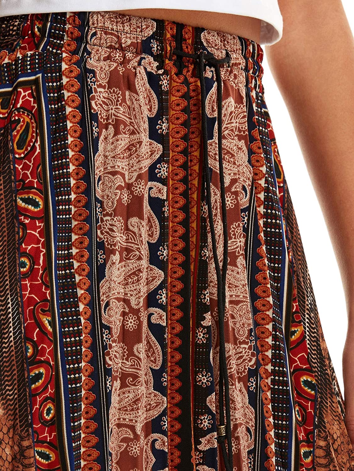 Women's Boho Elastic Waist Scarf Print Pleated Midi Skirt