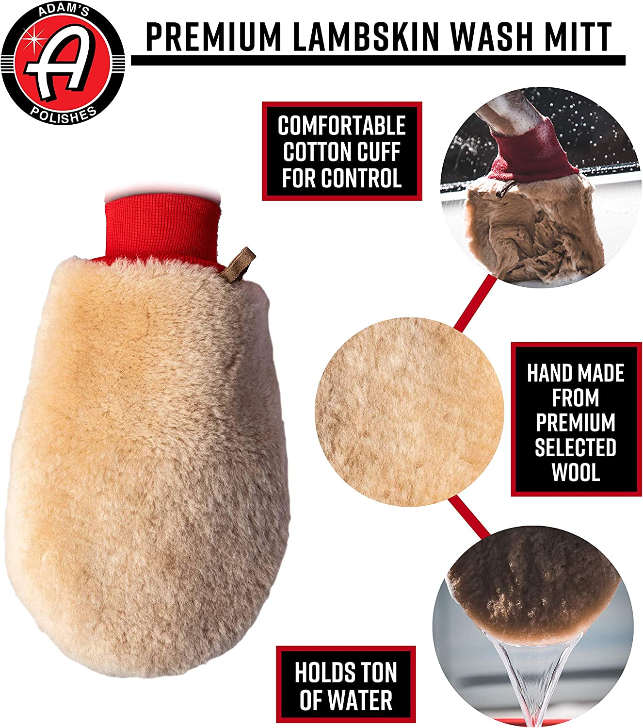 Wool Car Wash Mitt - Premium, Ultra Soft Wash Pad Gently Scrubs Your Vehicle Without Worry of Scratches or Swirls - Double Sided Cotton Cuff Detailing Tool For Your Car, Boat, RV, etc.