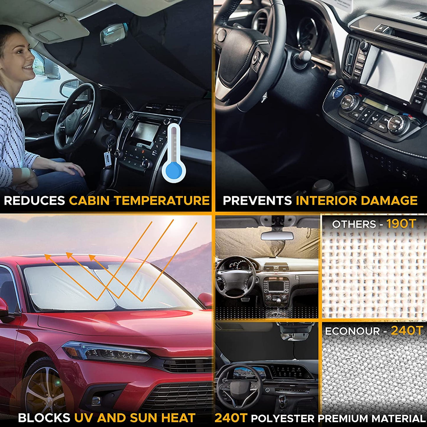 2-Piece Car Windshield Sun Shade | Durable 240T Polyester Sun Shield for Front Window Blocks UV Rays | Foldable Automotive Interior Accessories for Sun Protection | Medium (27.5 x 30.5 inches)