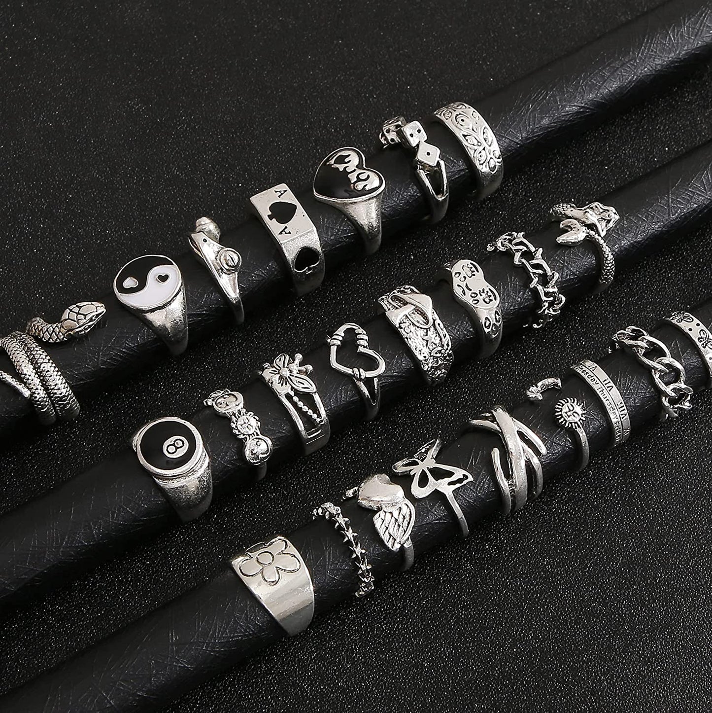 Vintage Silver Open Punk Rings for Men Women, 24PCS Adjustable Rings, Alt Rings, Chunky Silver Rings, Bulky Rings, Hippie Rings ,Cool Gothic Ring,Statement Stacking Ring, Skull Snake Star Flower Heart Eboy Emo Y2K Ring