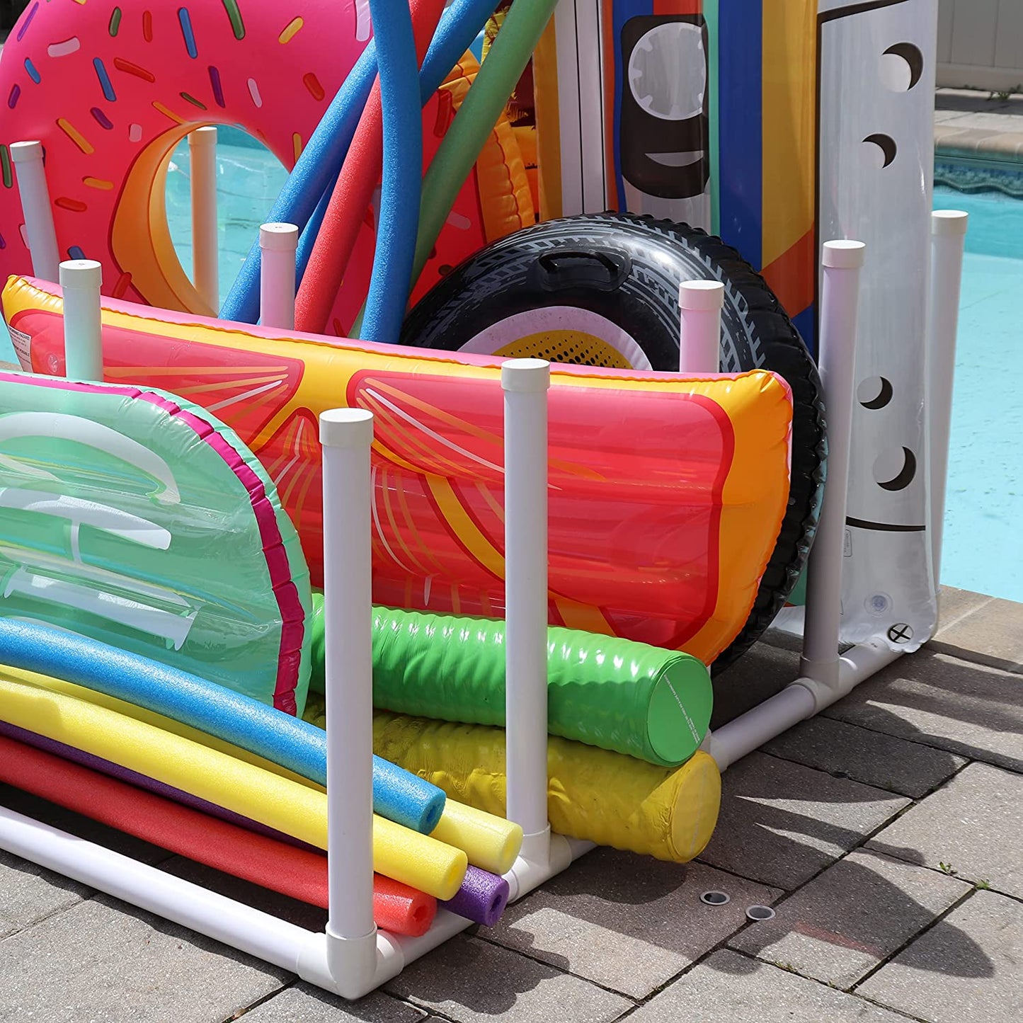 Essentially Yours 12 Bar Pool Raft and Float Rack - Poolside Storage Organizer for Floats, Paddles, Noodles, Surfboards, Towels - White Style 664413