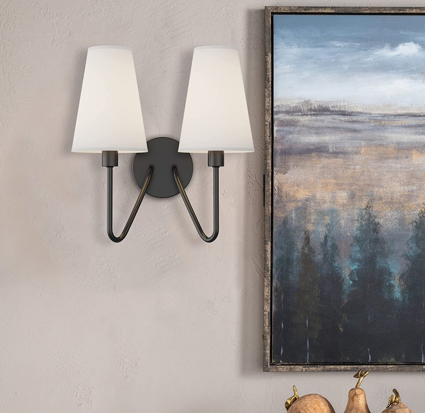 Electro bp;Double Head Classic 2 Lights Wall Sconces Lighting Fixture Black with Beige White Linen Fabric Lamp Shades E12 80W Hardwire;