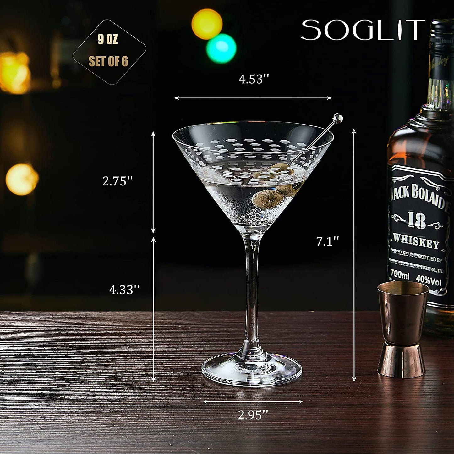 Crystal Martini Glasses Set of 6, SOGLIT Hand Crafted Etched Martini Glasses with Stem, Manhatann Glasses for Cocktail, Cosmopolitan Glasses, 9oz Etched Cocktail Glasses Gift for Men, Crystal Clear