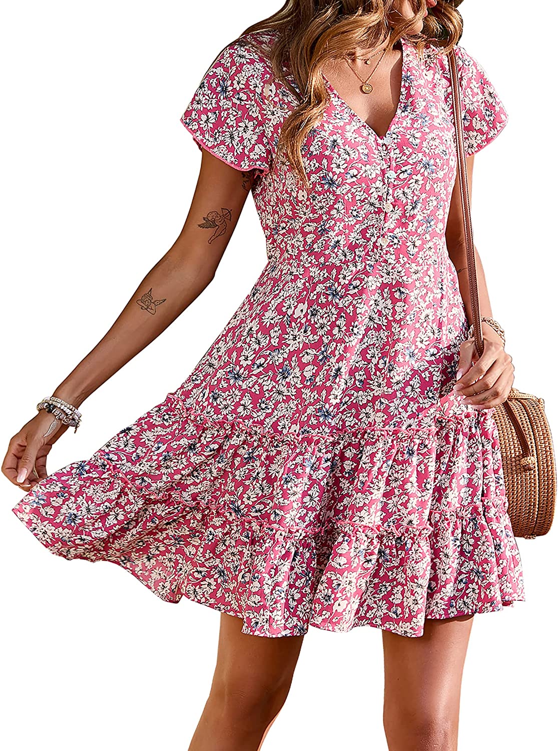 Women’s Summer Hot Short Sleeve V-Neck High Waist Floral Print Mini Boho Sun Dress with Button