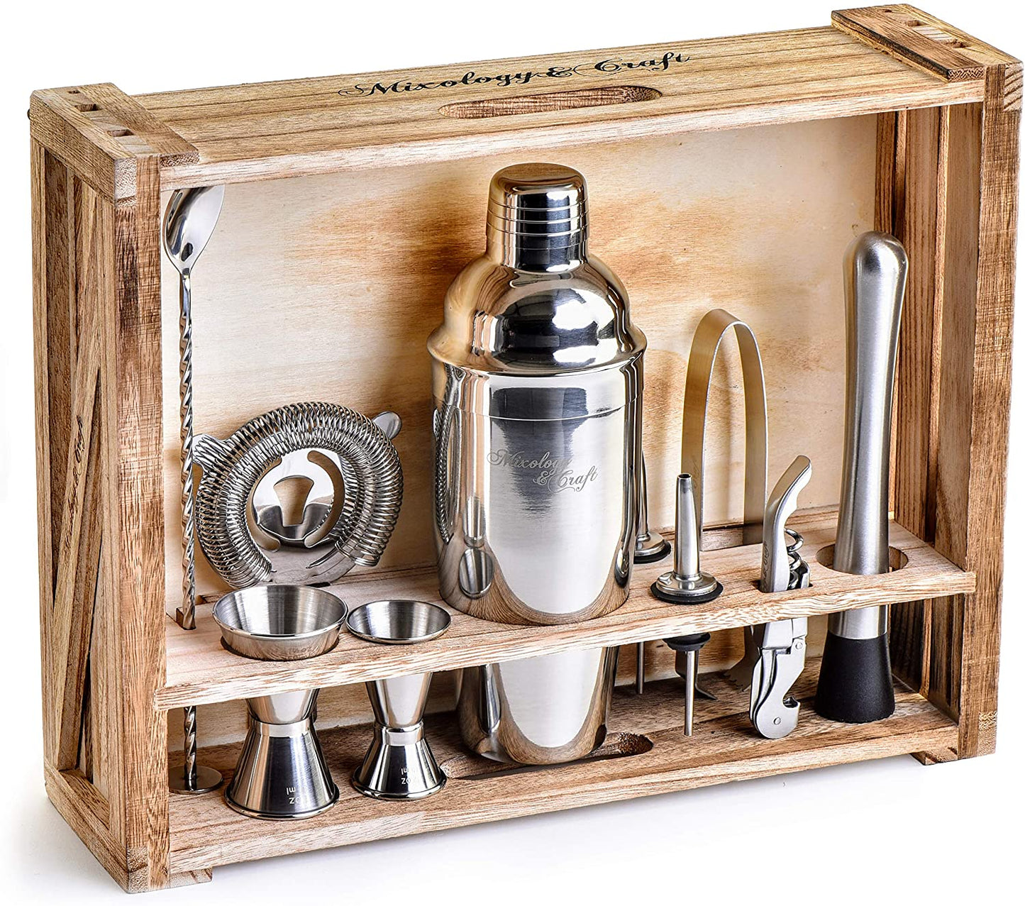 Bartender Kit: 11-Piece Bar Tool Set with Rustic Wood Stand | Perfect Home Bartending Kit and Cocktail Shaker Set for an Awesome Drink Mixing Experience (Gun-Metal Black)