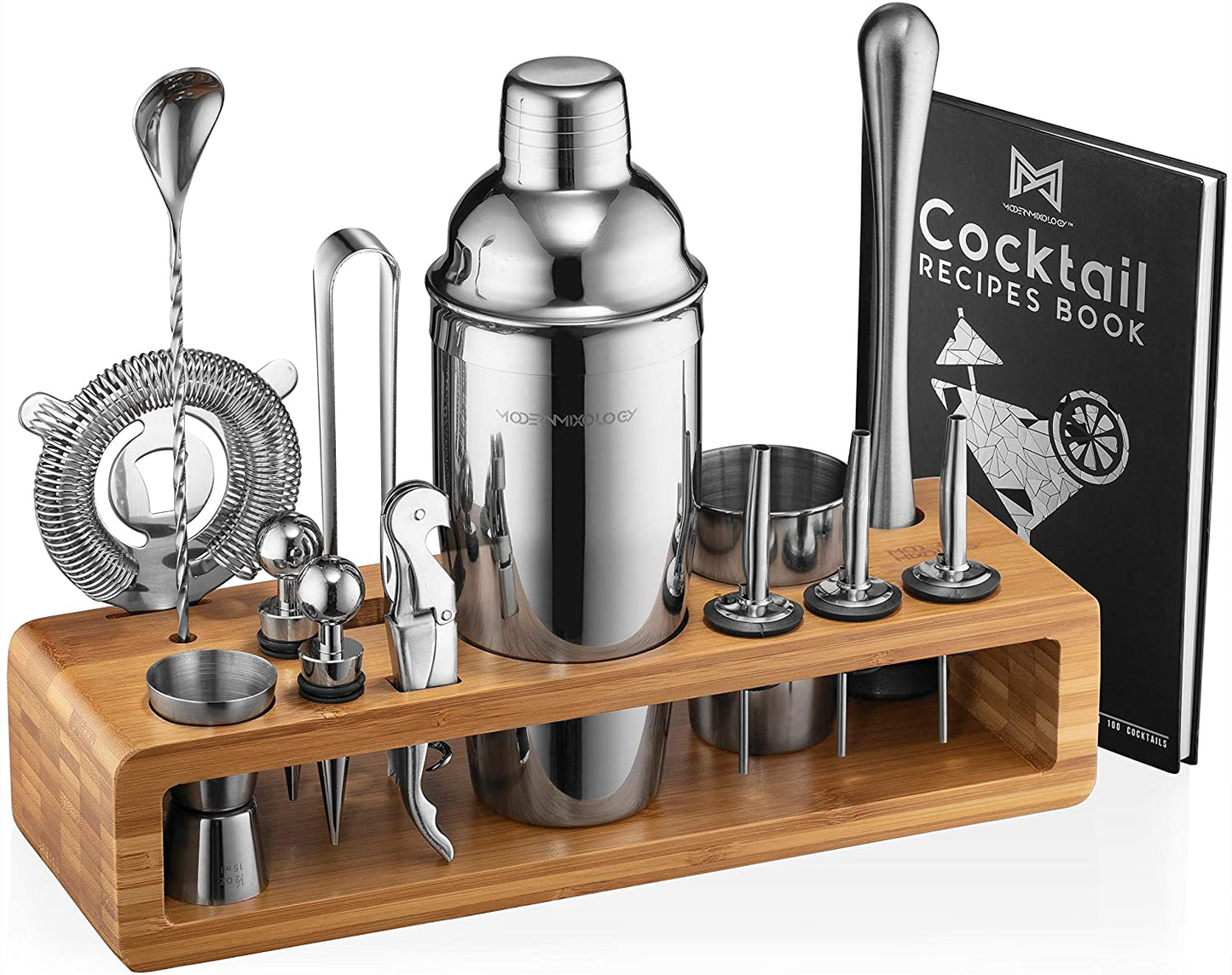 Bartender Kit: 23-Piece Bar Set Cocktail Shaker Set with Stylish Bamboo Stand | Perfect for Home Bar Tools Bartender Tool Kit and Martini Cocktail Shaker for Awesome Drink Mixing (Black)