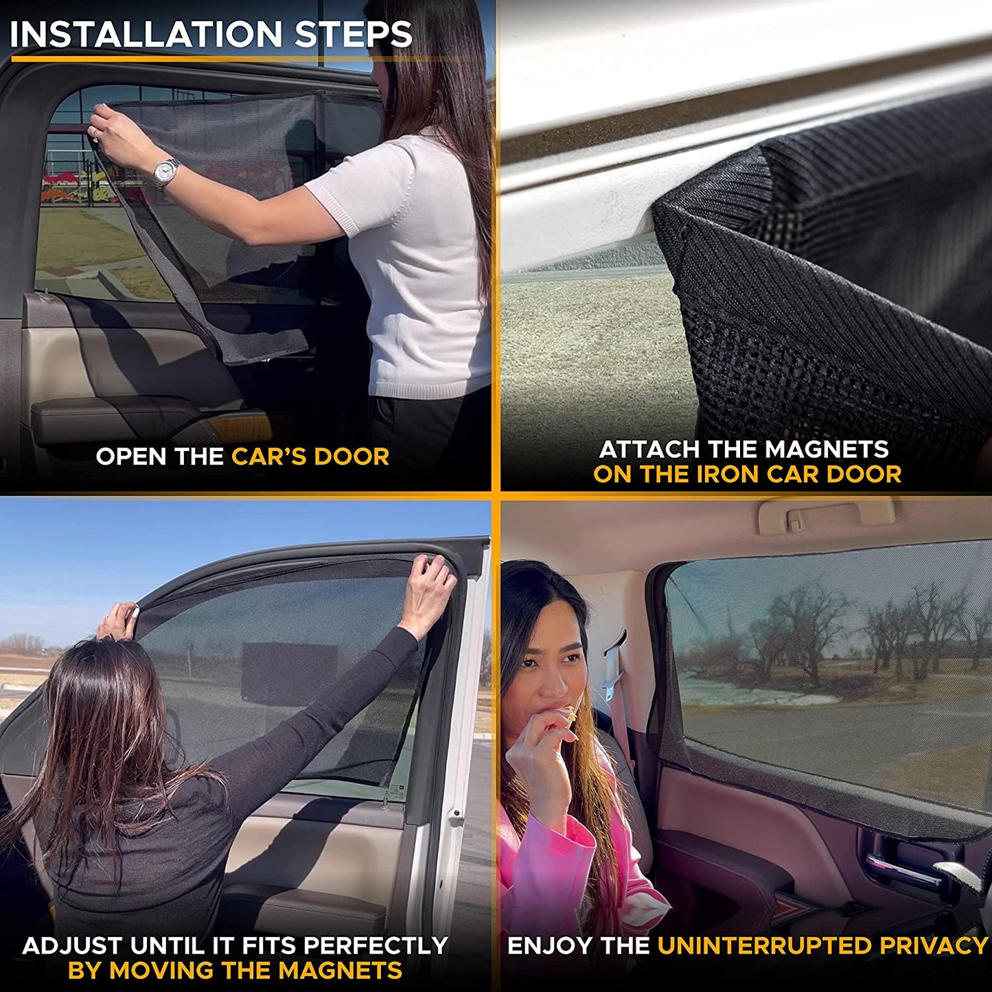 Magnetic Side Window Sunshade (4 Pack) | Baby Car Shade Blocks Direct Sunlight and Maintains Car Interior Temperature | Universal Car Travel Accessories Ensure Privacy Protection | Black