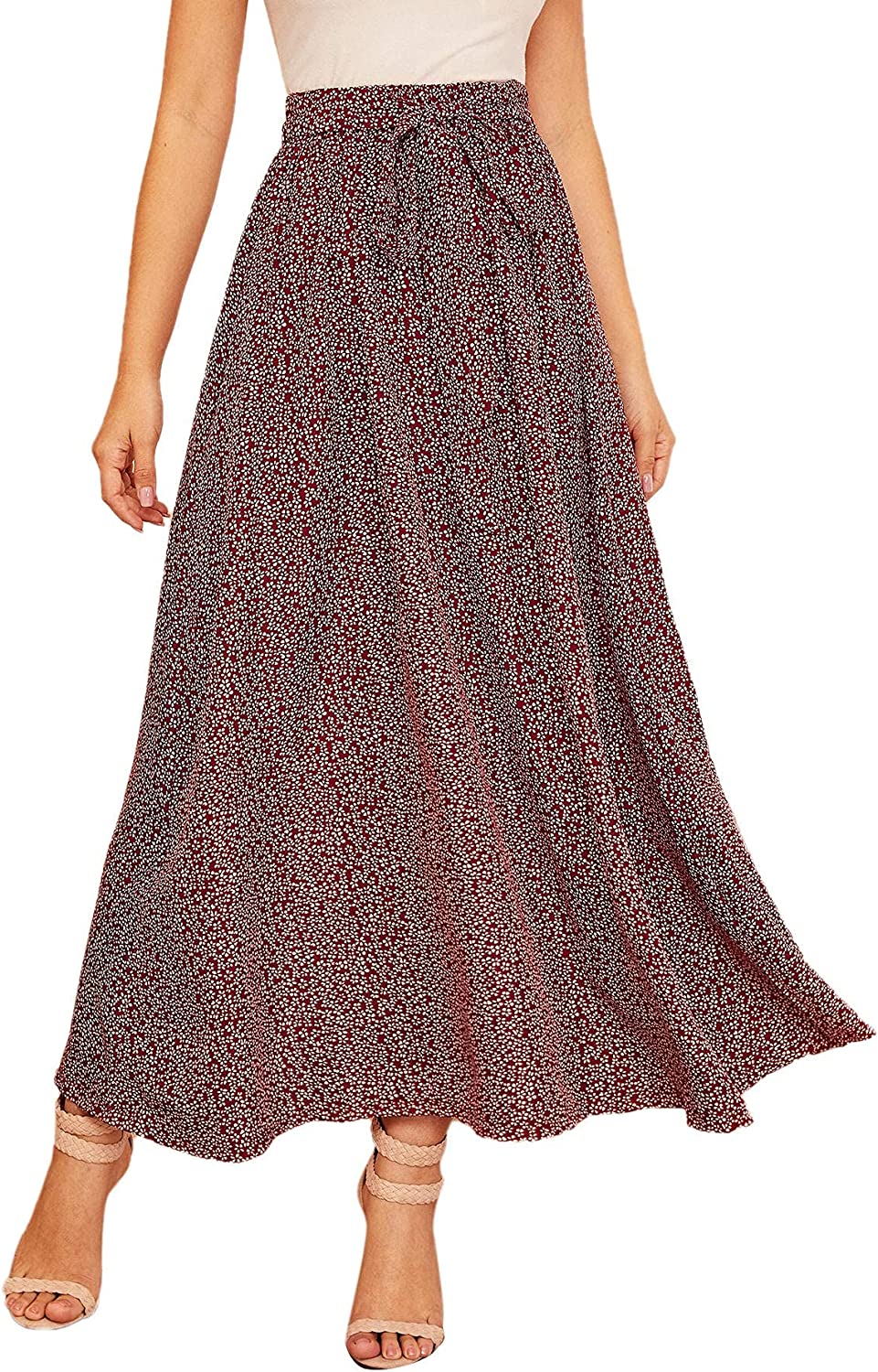 Women's Boho Elastic Waist Scarf Print Pleated Midi Skirt