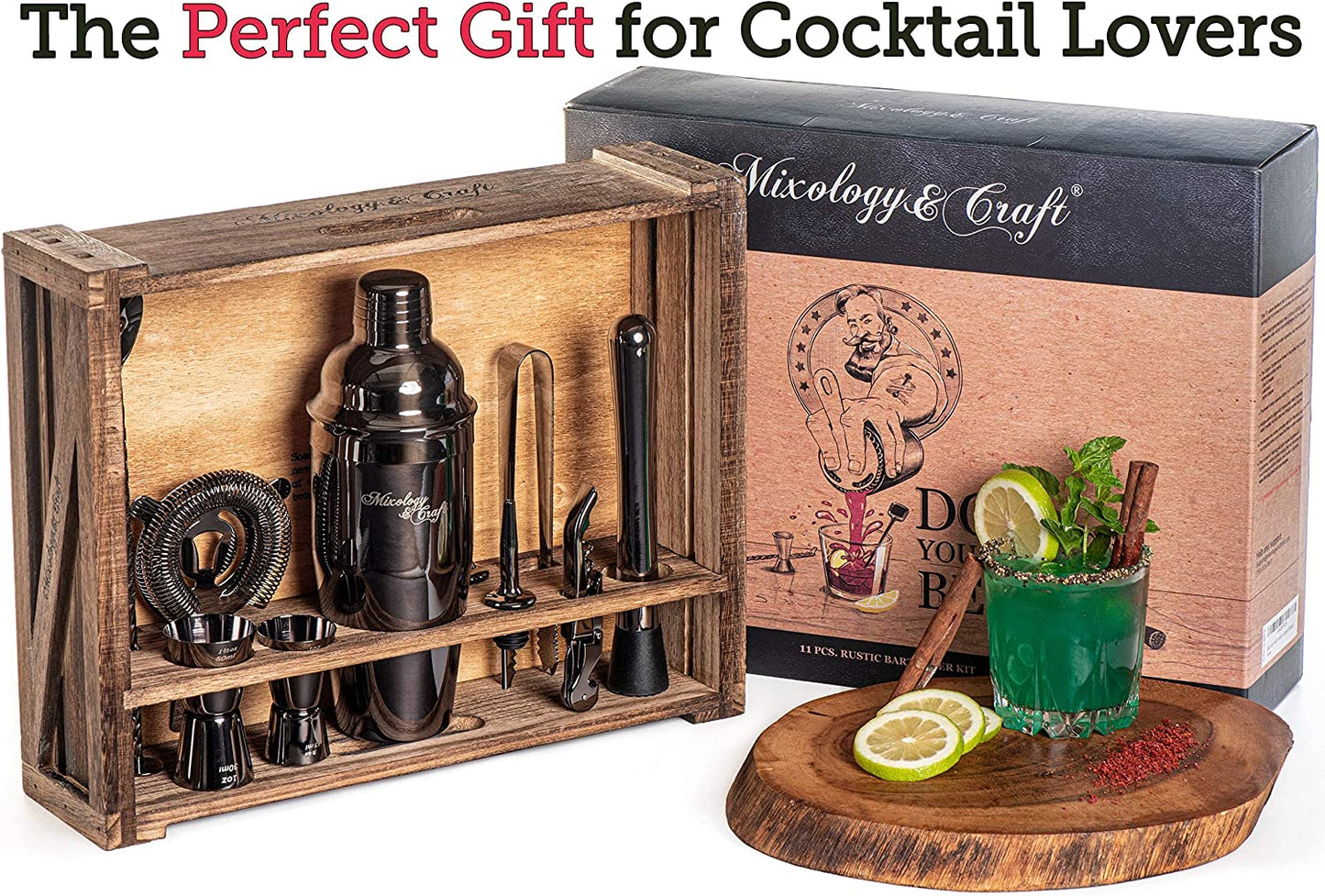 Bartender Kit: 11-Piece Bar Tool Set with Rustic Wood Stand | Perfect Home Bartending Kit and Cocktail Shaker Set for an Awesome Drink Mixing Experience (Gun-Metal Black)