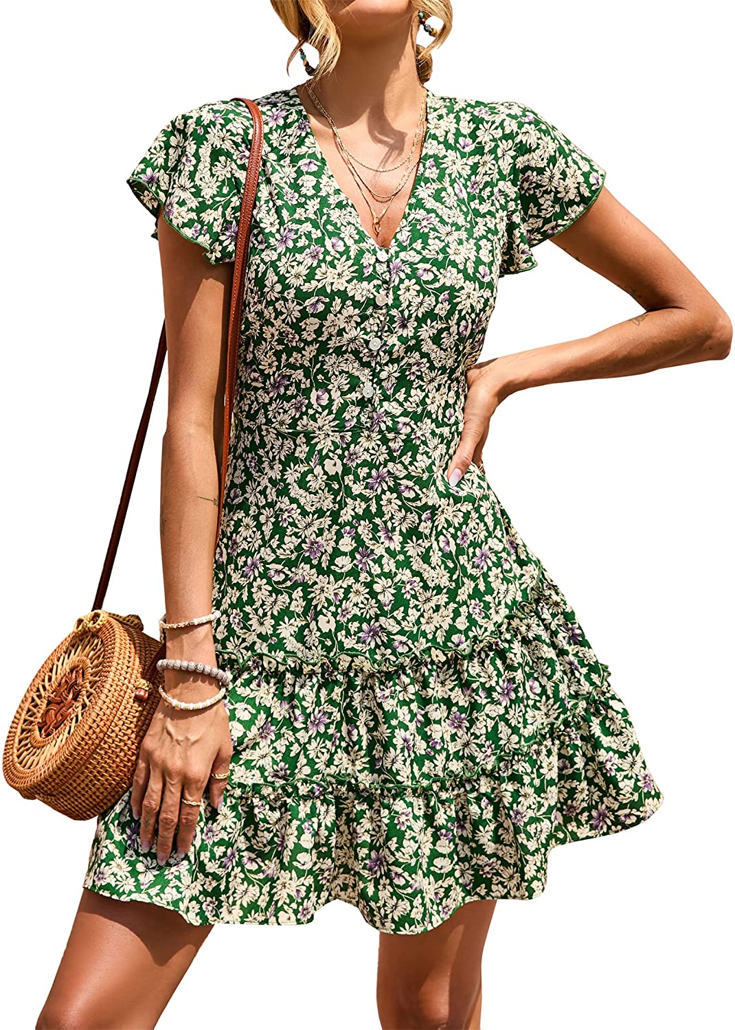 Women’s Summer Hot Short Sleeve V-Neck High Waist Floral Print Mini Boho Sun Dress with Button