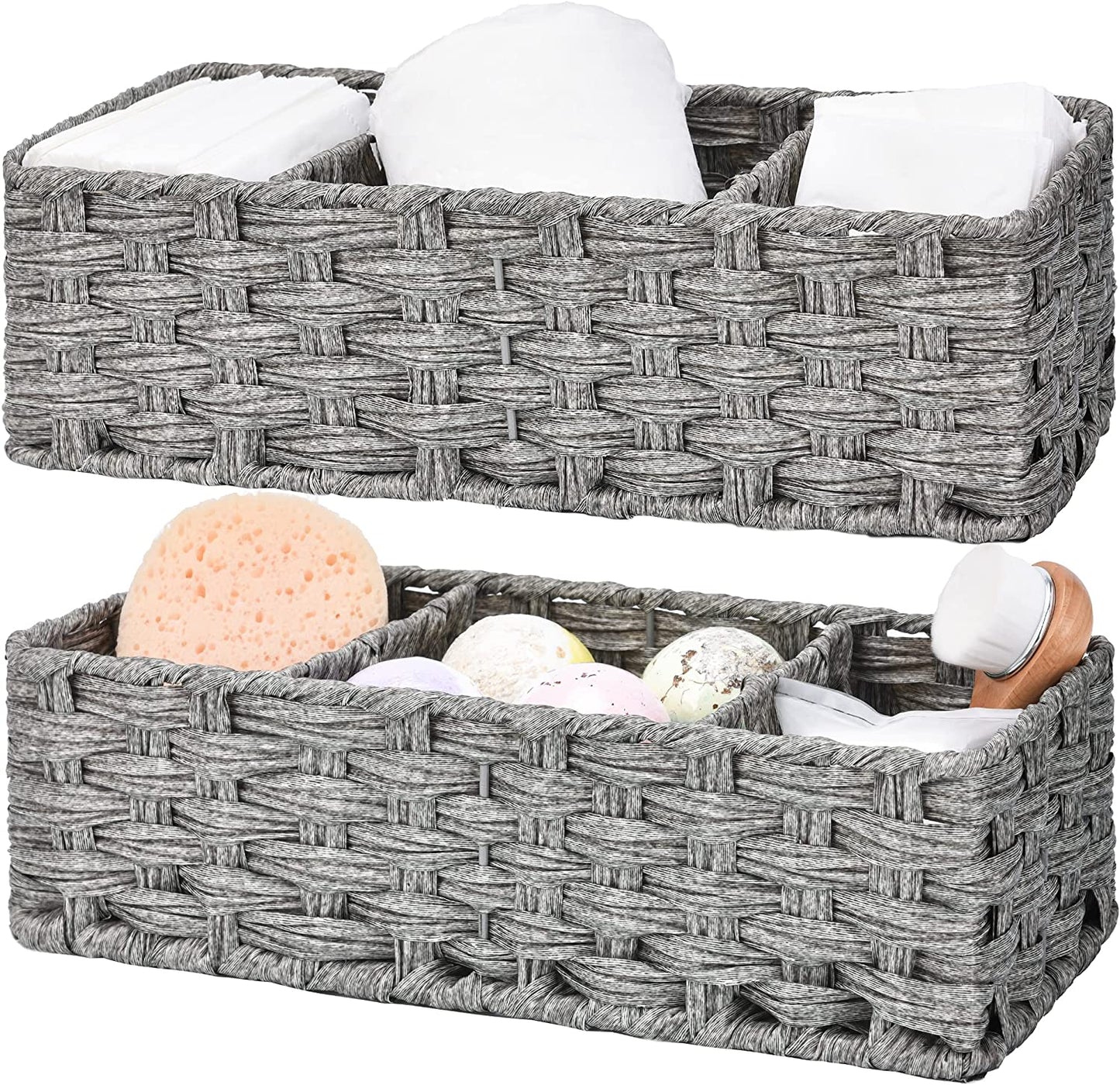 Bathroom Baskets for Organizing, Toilet Storage Basket Waterproof, Wicker Tank Basket with 2 Dividers, Brown, 2-Pack