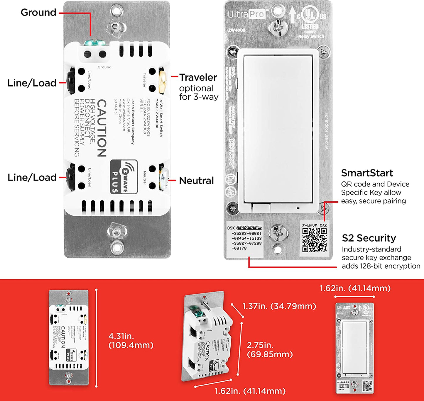 UltraPro Z-Wave Smart Rocker Light Switch with QuickFit and SimpleWire, 3-Way Ready, Compatible with Alexa, Google Assistant, ZWave Hub Required, Repeater/Range Extender, White Paddle Only, 39348