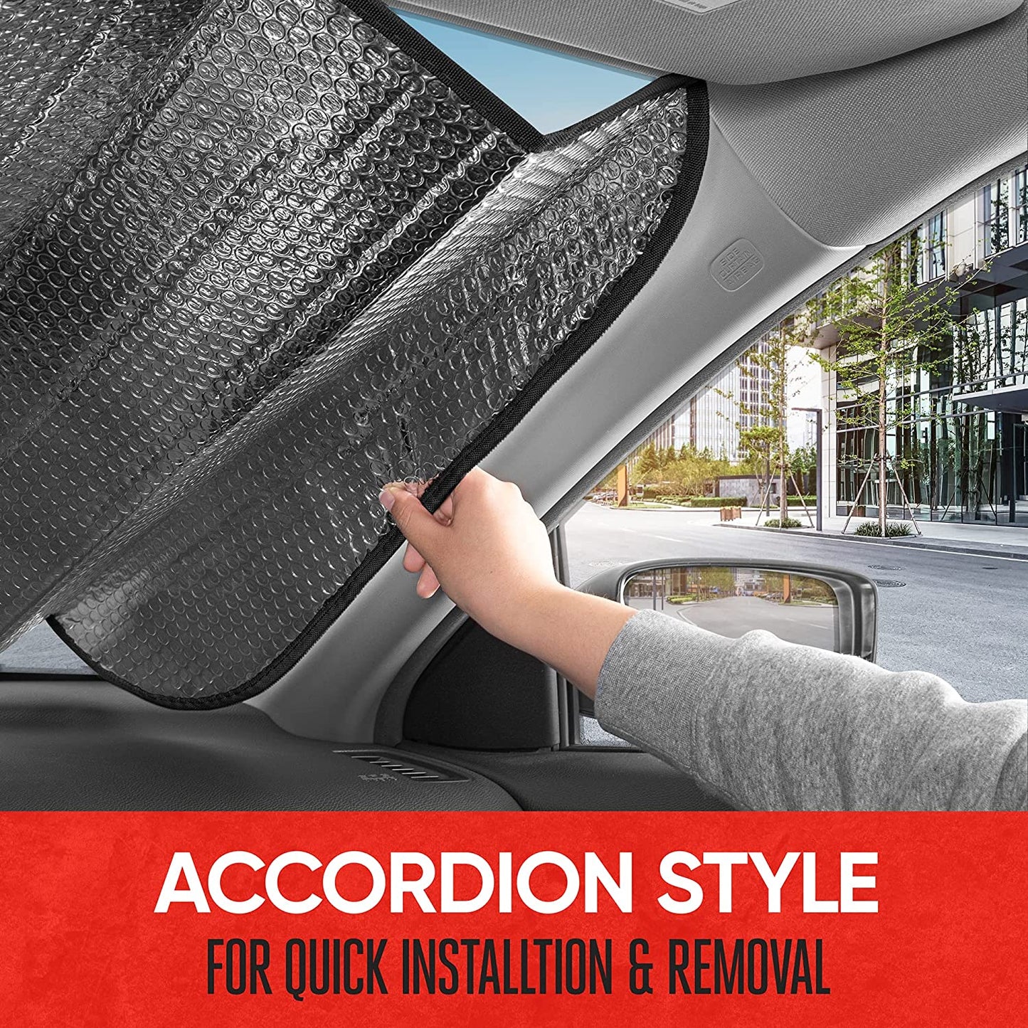 Front Windshield Sun Shade - Jumbo Accordion Folding Auto Sunshade for Car Truck SUV - Blocks UV Rays Sun Visor Protector - Keeps Your Vehicle Cool - 66 x 27 Inch