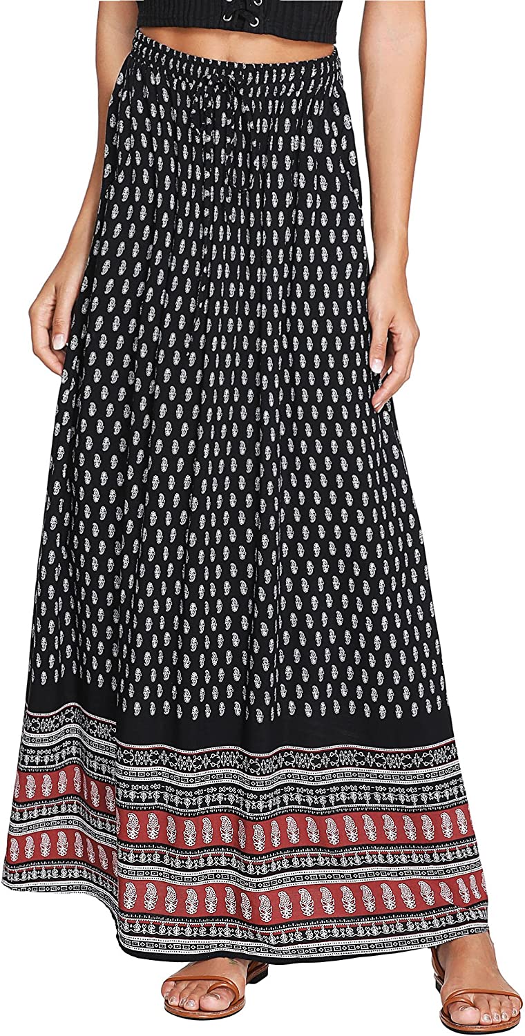 Women's Boho Vintage Print Pockets Side A Line Maxi Skirt