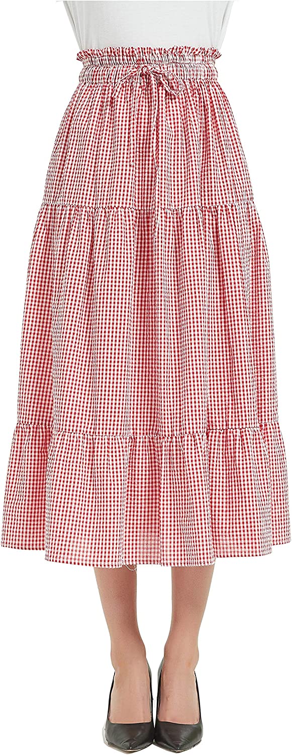 Womens A Line Long Midi Denim Skirt Tired Pleated Layers Elastic Waist Front Drawstring