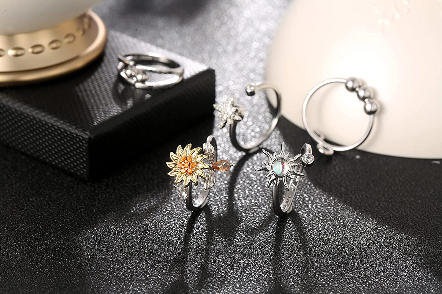 Adjustable Anxiety Ring for Women Fidget Rings for Anxiety Stress Relief for Teens with Cute Sunflower Bee Bead