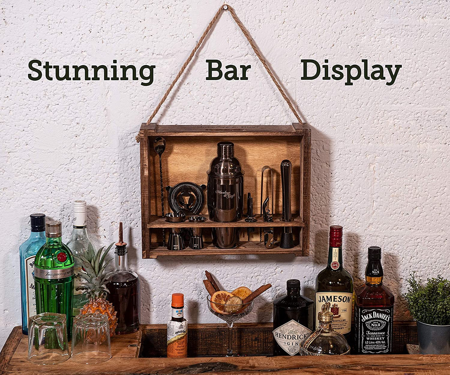 Bartender Kit: 11-Piece Bar Tool Set with Rustic Wood Stand | Perfect Home Bartending Kit and Cocktail Shaker Set for an Awesome Drink Mixing Experience (Gun-Metal Black)