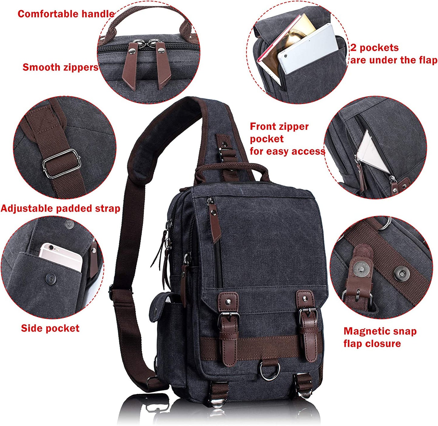 Leaper Canvas Messenger Bag Sling Bag Cross Body Bag Shoulder Bag Black, L