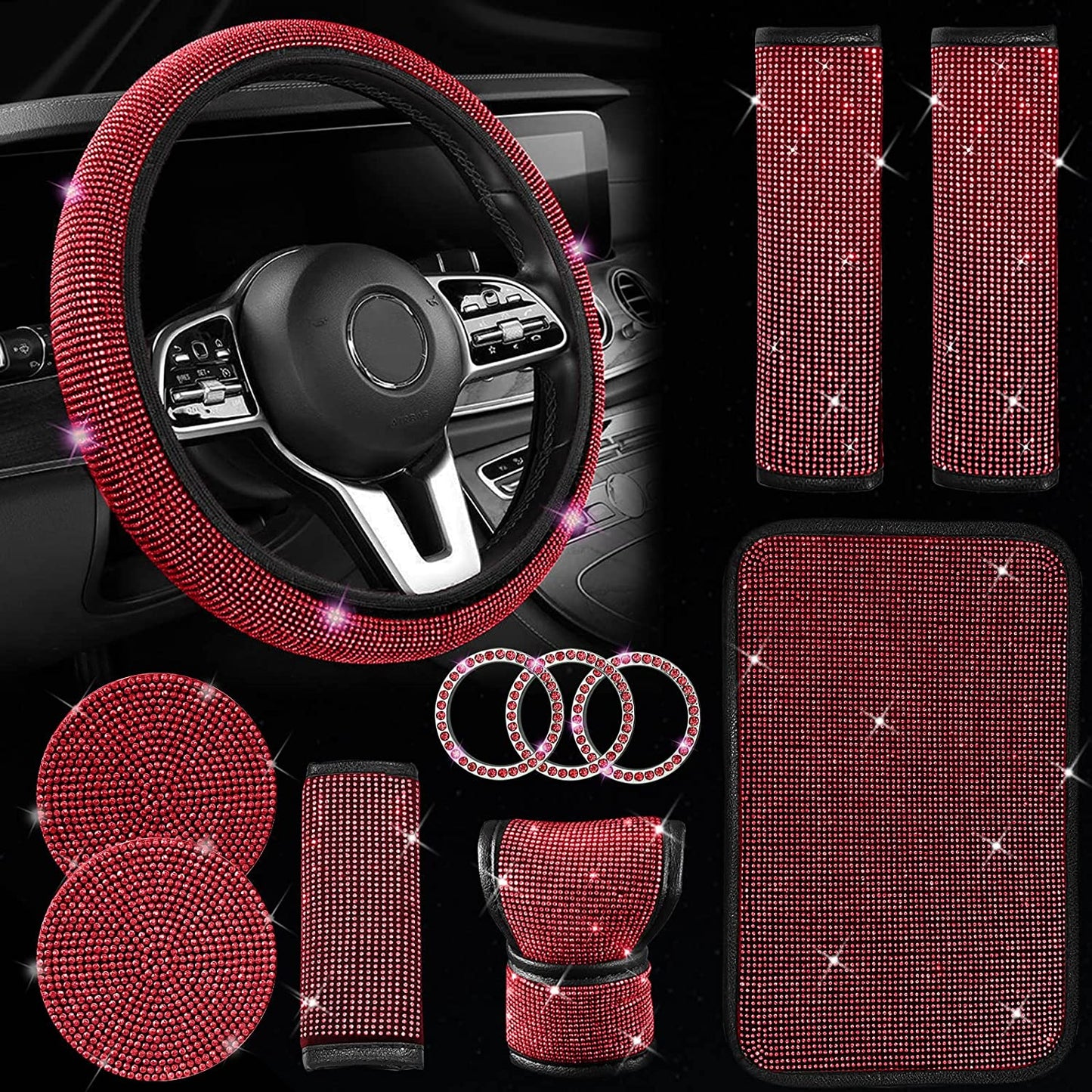 11 Pcs Bling Car Accessories Set,Bling Car Accessories Set for Women, Bling Steering Wheel Cover for Women Universal Fit 15 Inch, Rhinestone Center Console Cover (Pink)