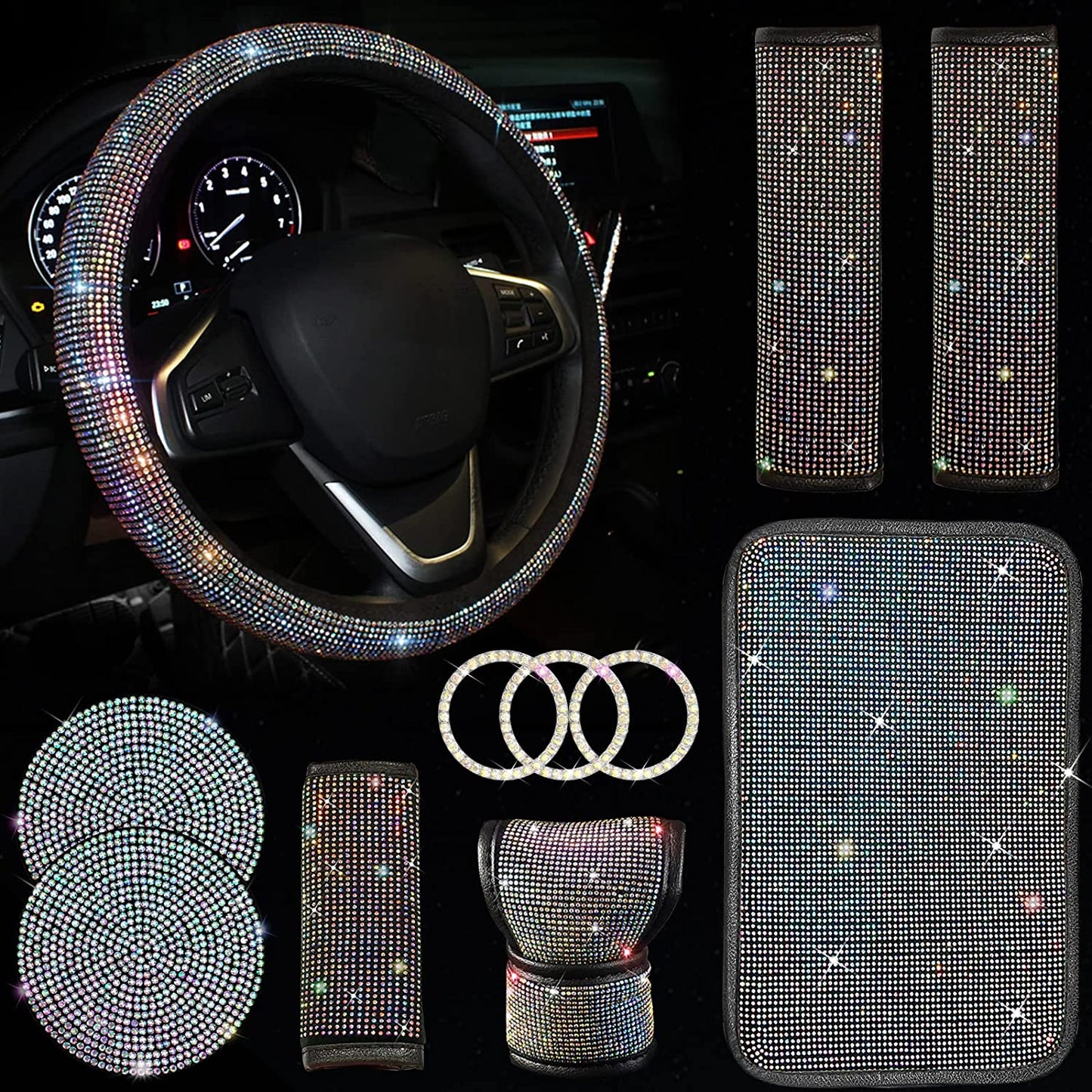 11 Pcs Bling Car Accessories Set,Bling Car Accessories Set for Women, Bling Steering Wheel Cover for Women Universal Fit 15 Inch, Rhinestone Center Console Cover (Pink)