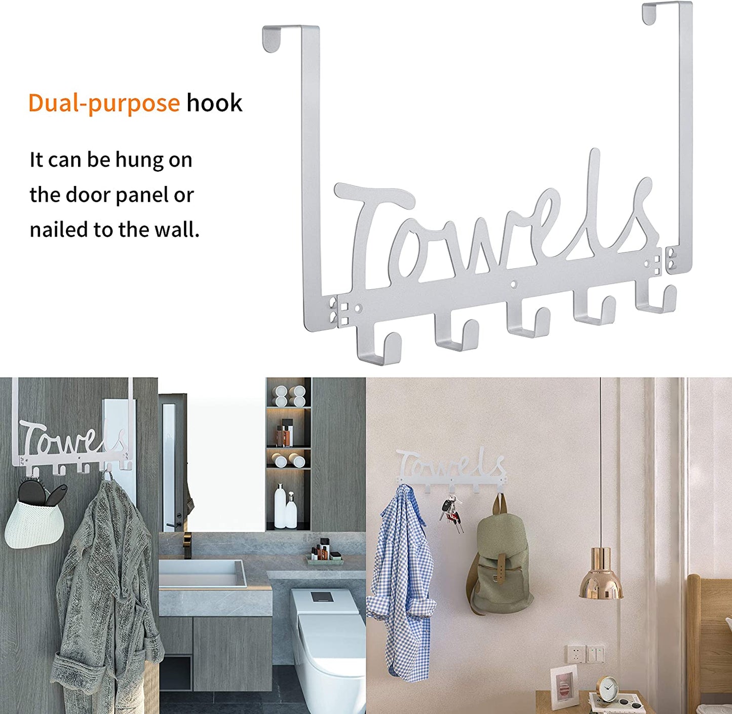 Towel Holder Bath Over The Door 5 Hooks Organizer Rack Heavy-Duty Organizer for Towel, Robe, Coat, Bag