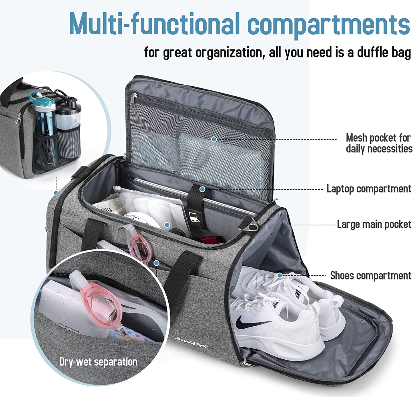 Gym Bag for Women & Men,Travel Duffel Bag for Sports, Gyms and Weekend Getaway, Waterproof Dufflebag with Wet Pocket & Shoes Compartment,Lightweight Carryon Gymbag (Dark gray)