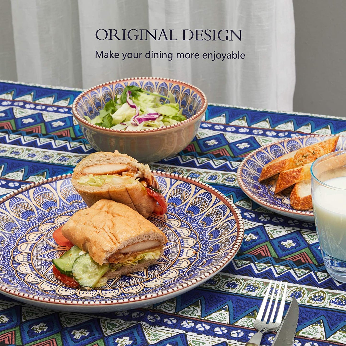 Porcelain Dinnerware Set,Ceramic Plates,Hand Painted in Bohemian Style,for Pasta,Salad,Maincourse,Microwave & Dishwasher Safe,Set of 12