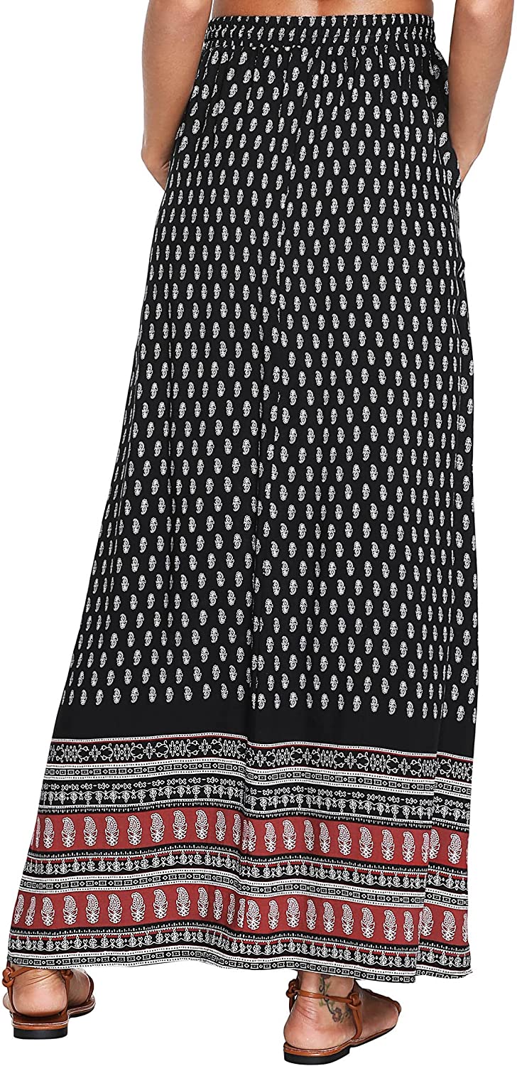 Women's Boho Vintage Print Pockets Side A Line Maxi Skirt