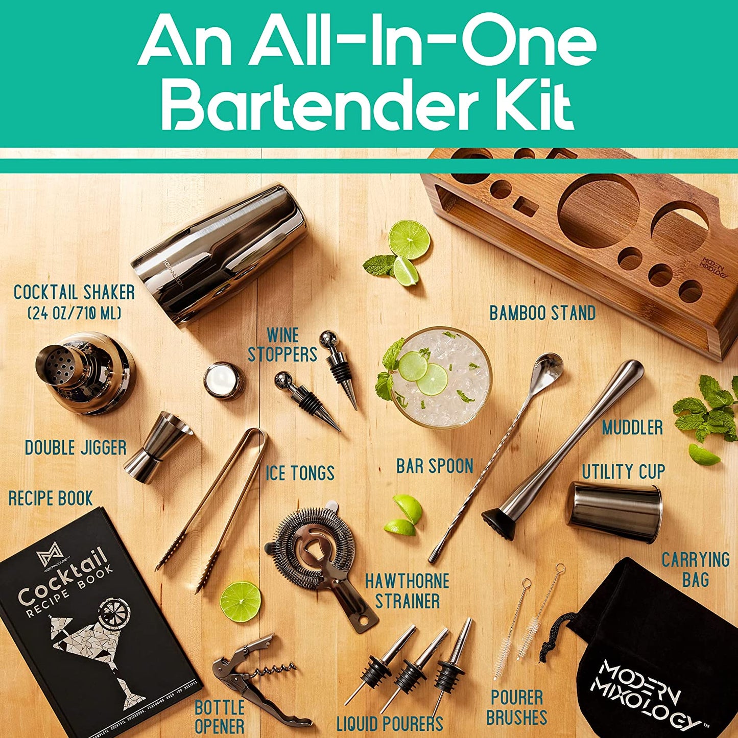 Bartender Kit: 23-Piece Bar Set Cocktail Shaker Set with Stylish Bamboo Stand | Perfect for Home Bar Tools Bartender Tool Kit and Martini Cocktail Shaker for Awesome Drink Mixing (Black)