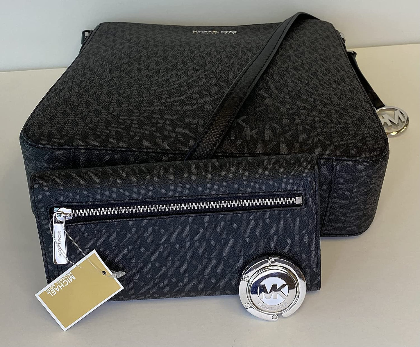 Michael Kors Jet Set Travel Large Messenger Crossbody bundle with Trifold Wallet and Michael Kors Purse Hook