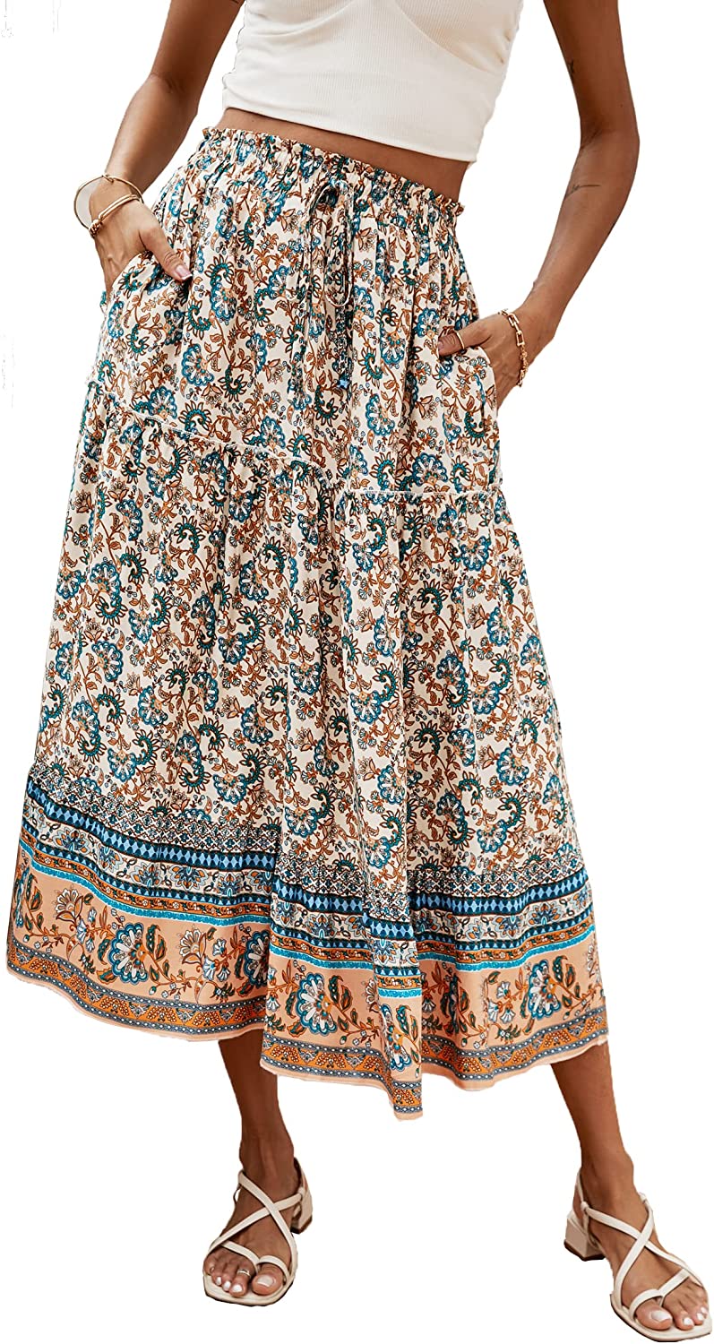 Women's Skirts Boho Floral Printed Elastic High Waist A Line Maxi Skirt with Pockets