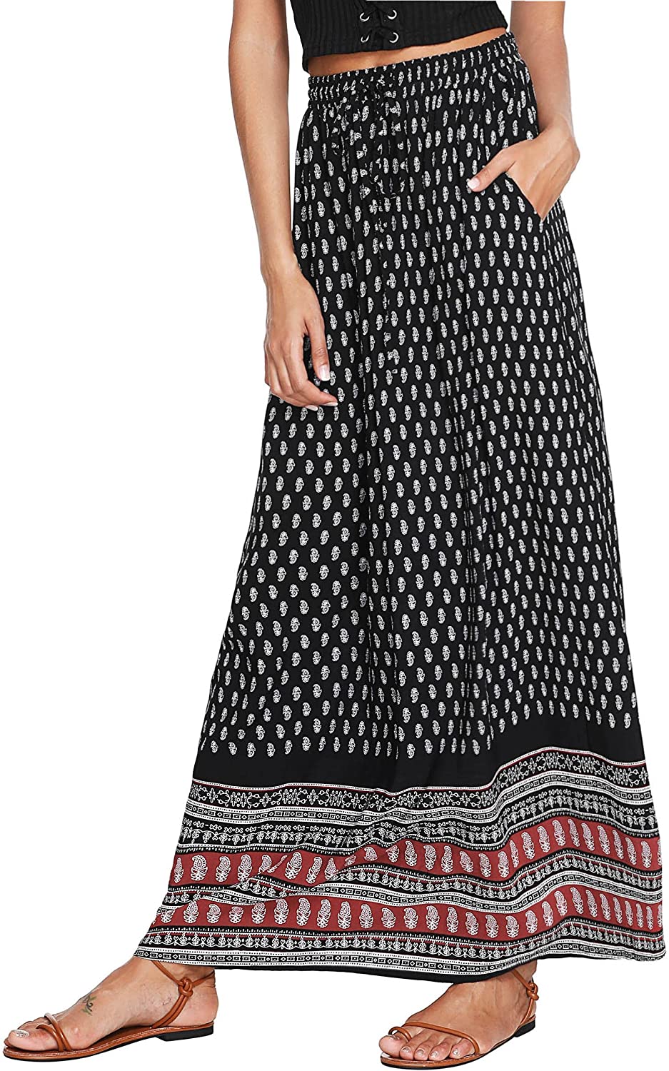 Women's Boho Vintage Print Pockets Side A Line Maxi Skirt