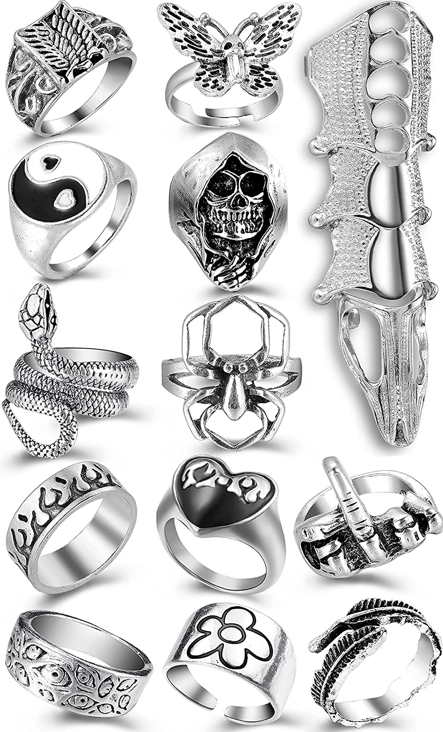 Vintage Silver Chain Punk Finger Rings for Men Women Girls,Cool Gothic Hip Pop Adjustable Full Four Open Rings,Statement Stackable Rings Set,Skull Snake Butterfly Flower Heart Eboy Emo Y2K Ring Set
