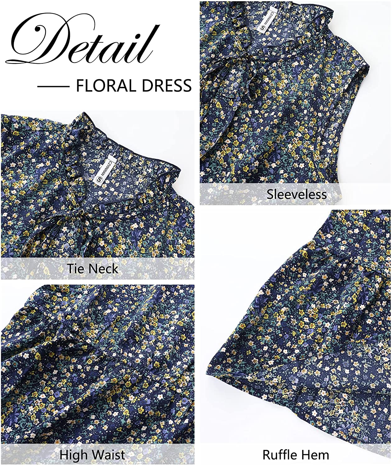 Women's Sleeveless Summer Tie Neck High Waist Casual Boho Dress Floral Print Ruffle Hem Long Beach Maxi Dresses