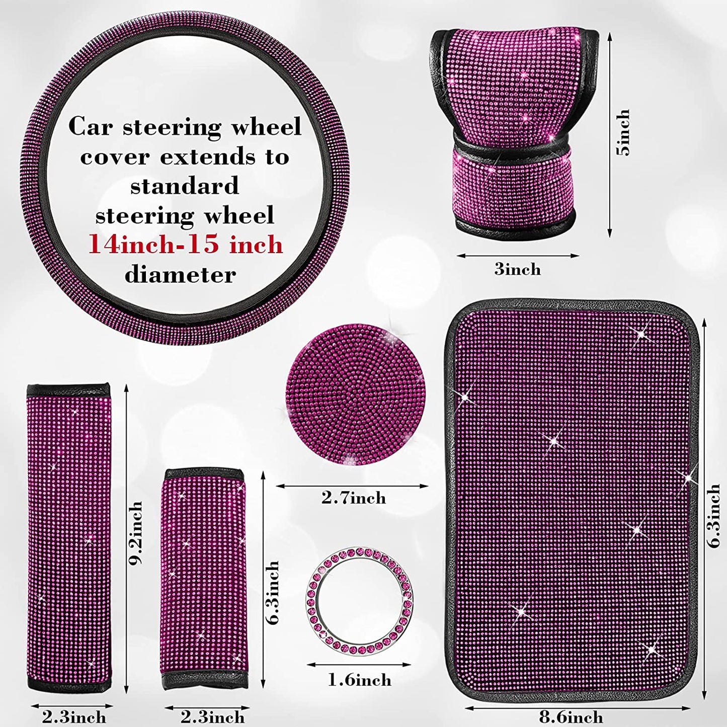 11 Pcs Bling Car Accessories Set,Bling Car Accessories Set for Women, Bling Steering Wheel Cover for Women Universal Fit 15 Inch, Rhinestone Center Console Cover (Pink)