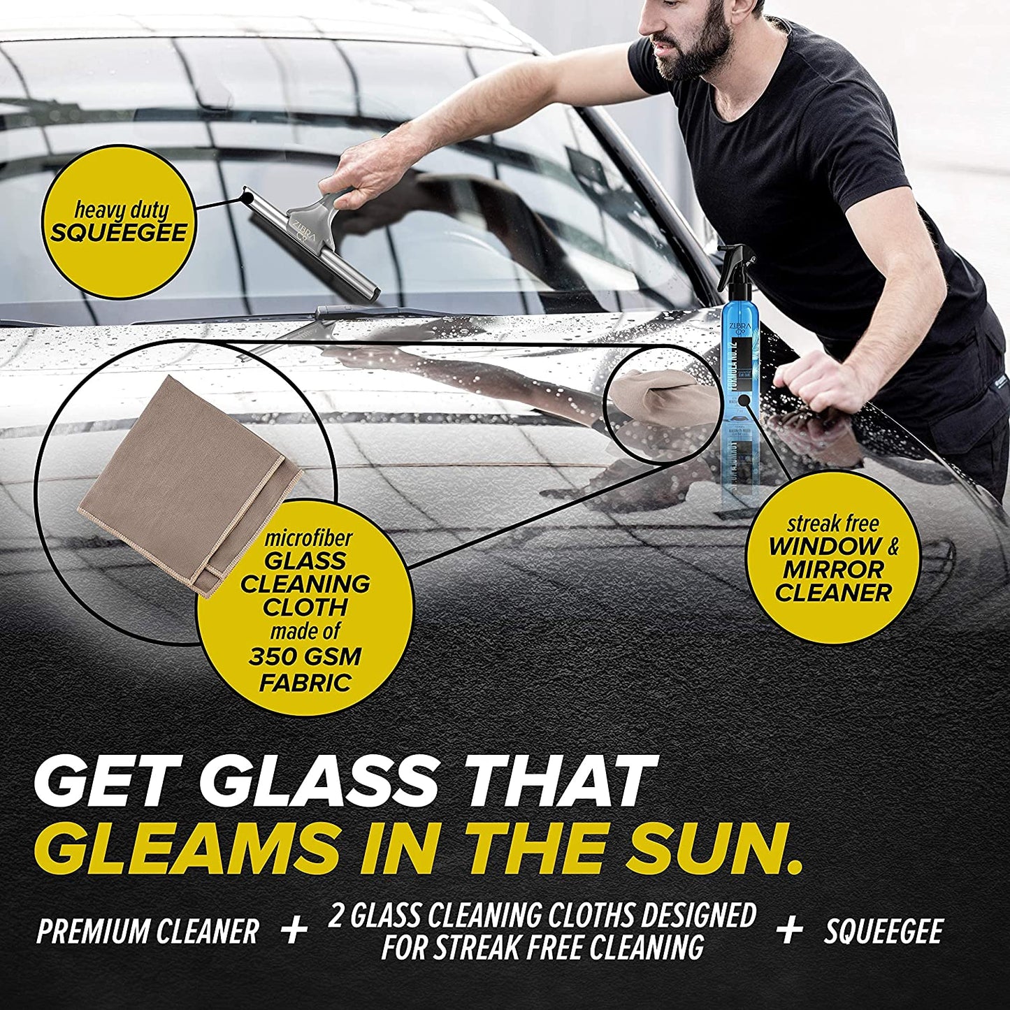 Car Cleaning Kit - All Purpose Cleaner Spray, Window Cleaner, Squeegee Scrubber, 2 Microfiber Glass Cleaner Cloth, Genuine Leather Pouch - Auto RV Accessories for Inside Surfaces, Glass, Windshield