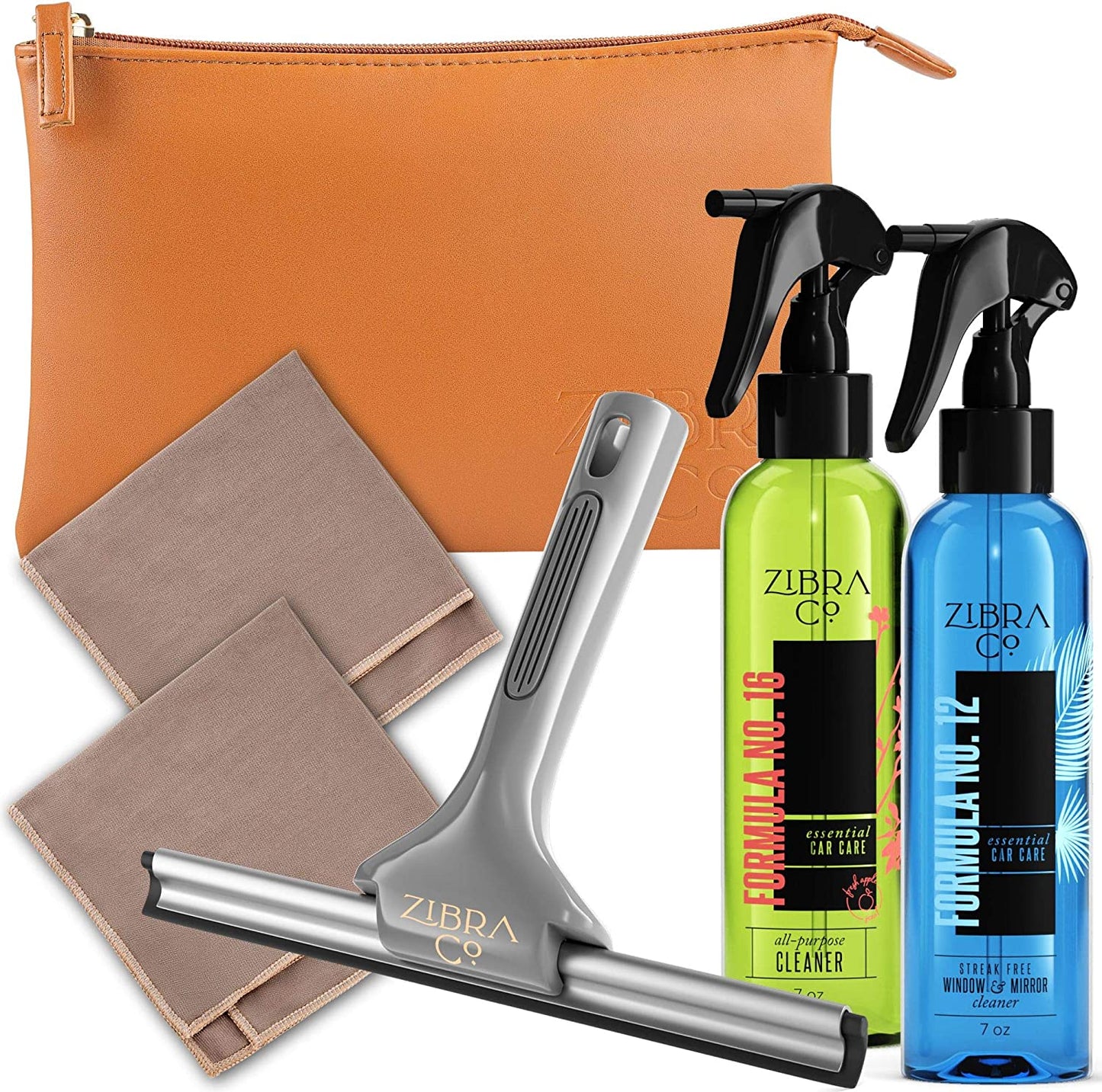 Car Cleaning Kit - All Purpose Cleaner Spray, Window Cleaner, Squeegee Scrubber, 2 Microfiber Glass Cleaner Cloth, Genuine Leather Pouch - Auto RV Accessories for Inside Surfaces, Glass, Windshield