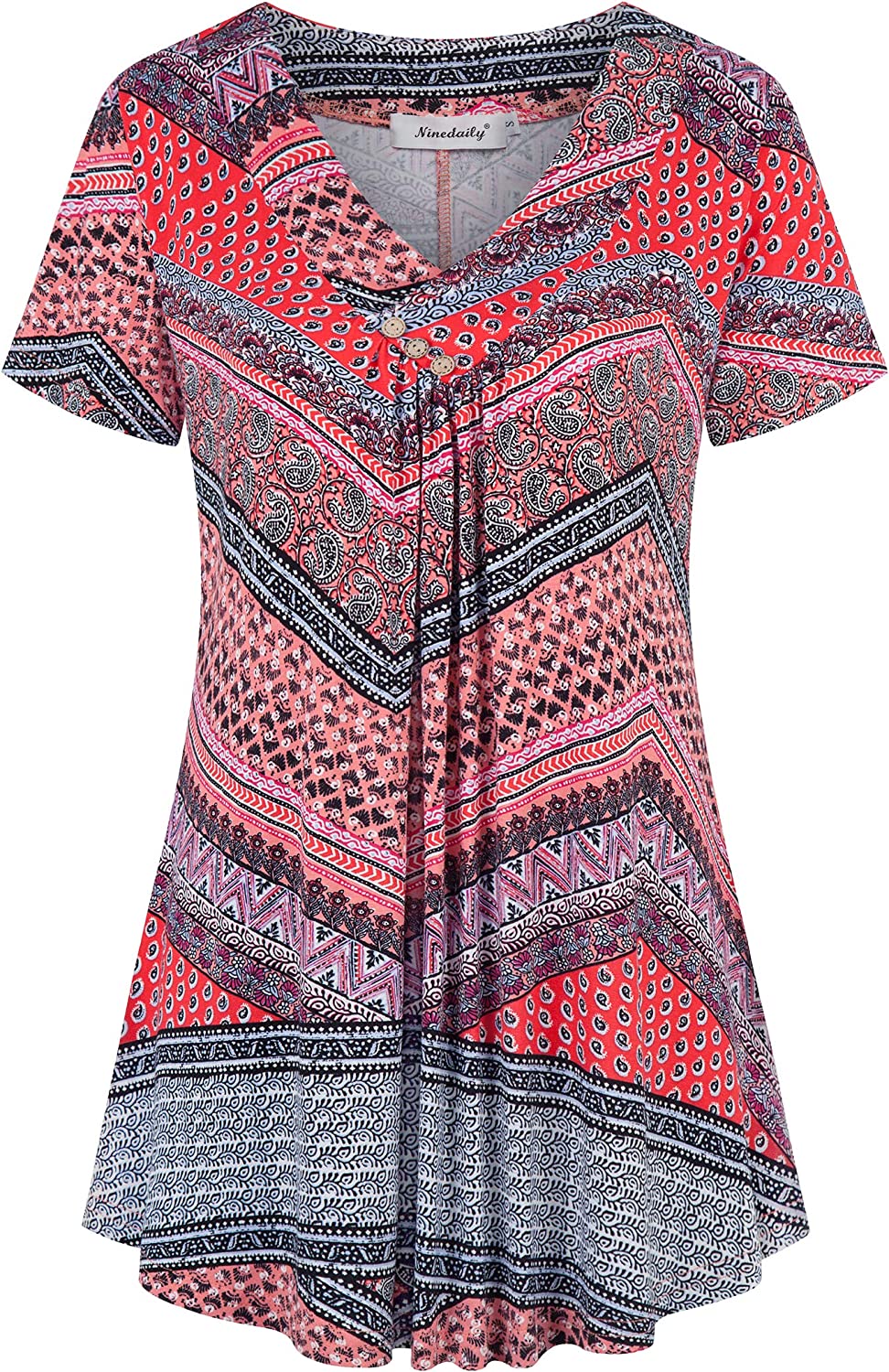 Women's Tunic Summer Short Sleeve Top Loose V Neck Dressy Shirt Blouse