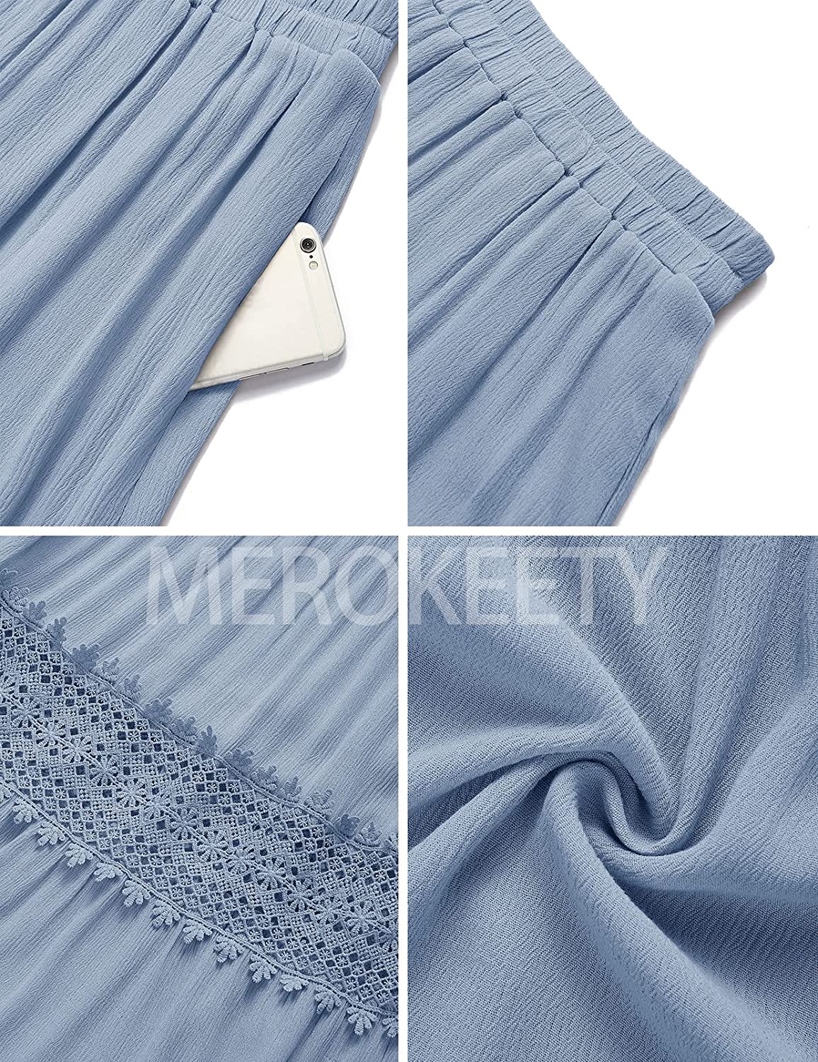 Women's Boho Elastic High Waist Pleated A-line Ruffle Lace Trim Tiered Midi Maxi Skirt with Pockets