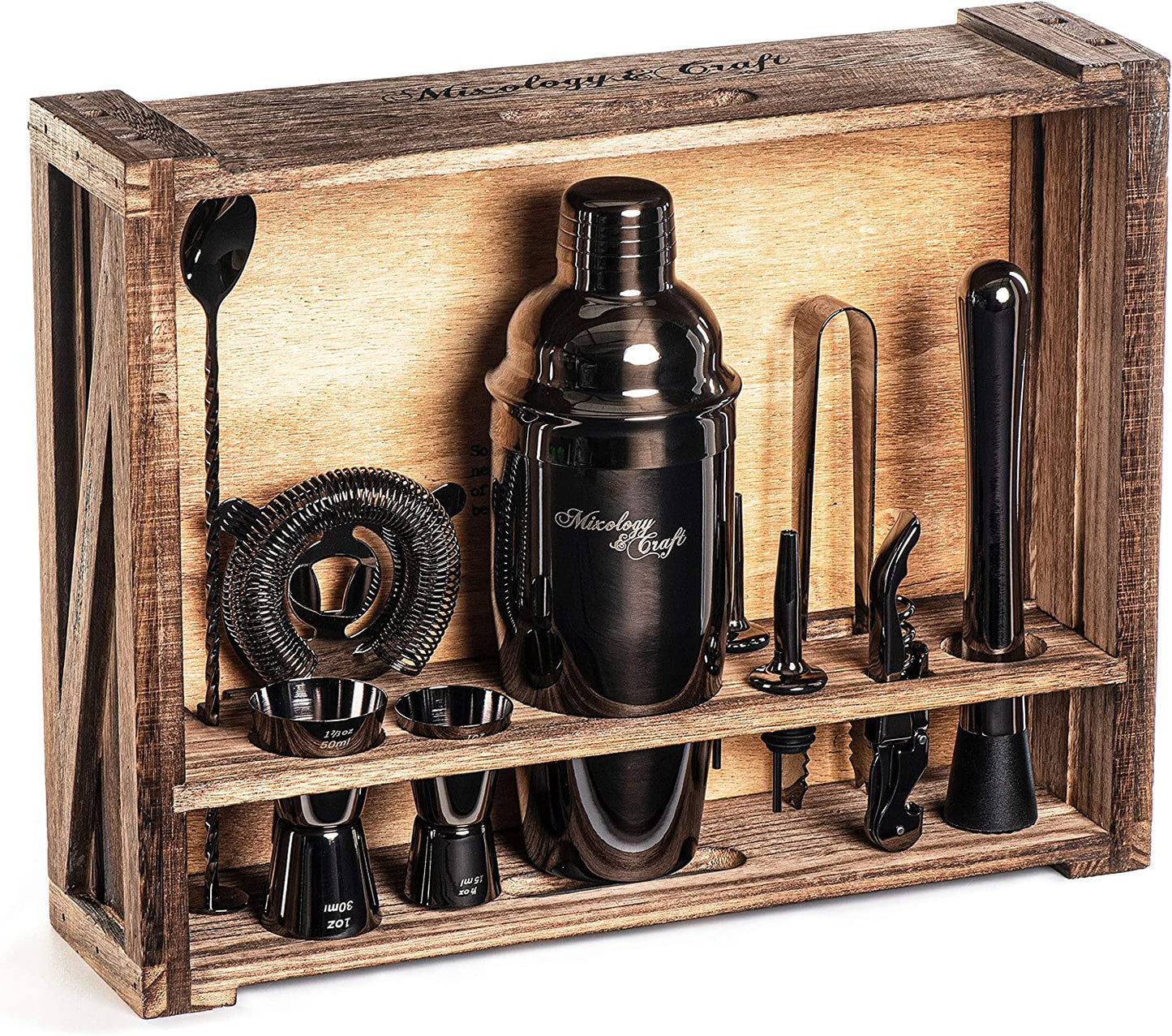 Bartender Kit: 11-Piece Bar Tool Set with Rustic Wood Stand | Perfect Home Bartending Kit and Cocktail Shaker Set for an Awesome Drink Mixing Experience (Gun-Metal Black)